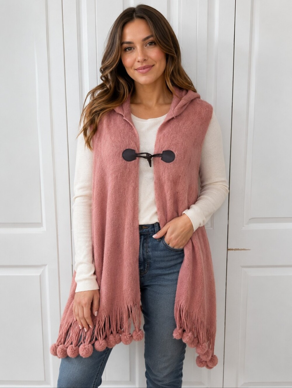 Women's Pink Hooded Shawl / Poncho with Pompom Fringe